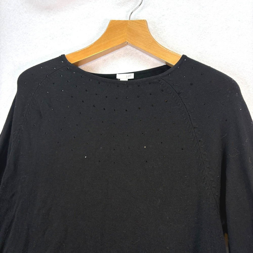 J.‎ Jill Black Rhinestone Neck Long Sleeve Wool Blend Sweater Size L Minimalist